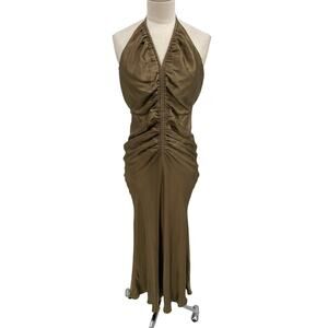 Shona Joy Gala Dress Ruched Halter Midi Warm Olive Size 2